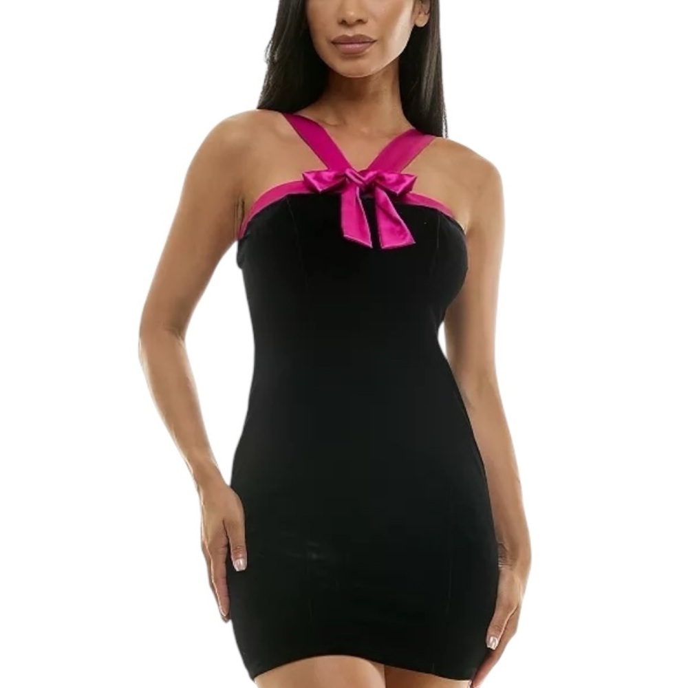 City Studios Juniors' Contrast-Trim Halter Velvet Bodycon Dress SZ 7 new